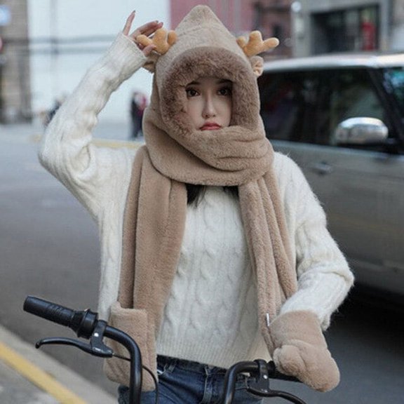 CoCopeaunt Christmas Combination Hat Scarf Gloves Three-Piece, Fashion With Thick Winter Hooded Scarf