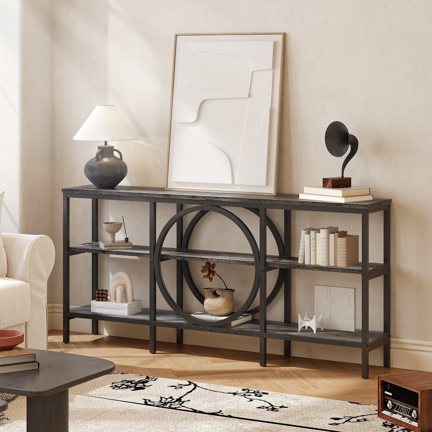 Tarnorci 66.9 Inch Extra Long Sofa Table, Narrow Long Sofa Console Tables Behind Couch Table with Open Storage Shelf, Gray+Black