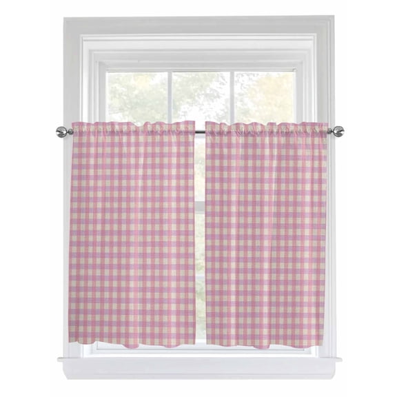 Tier Curtains 45 Inches Long, Pink Window Treatment Curtain Drapes, Grid Checkered Plaid Gingham Lattice Trellis Small Curtain Drapes for Bathroom Laundry Room, 27.5"x45", 2 Panels