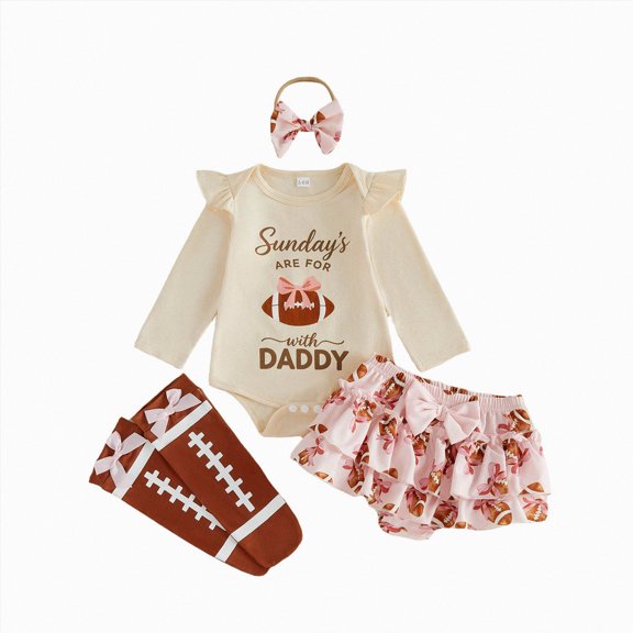 mgoYE Baby Girl Football Outfit Romper Shorts Bow Headband Socks Set Sundays are for with Daddy Football Game Day Clothes