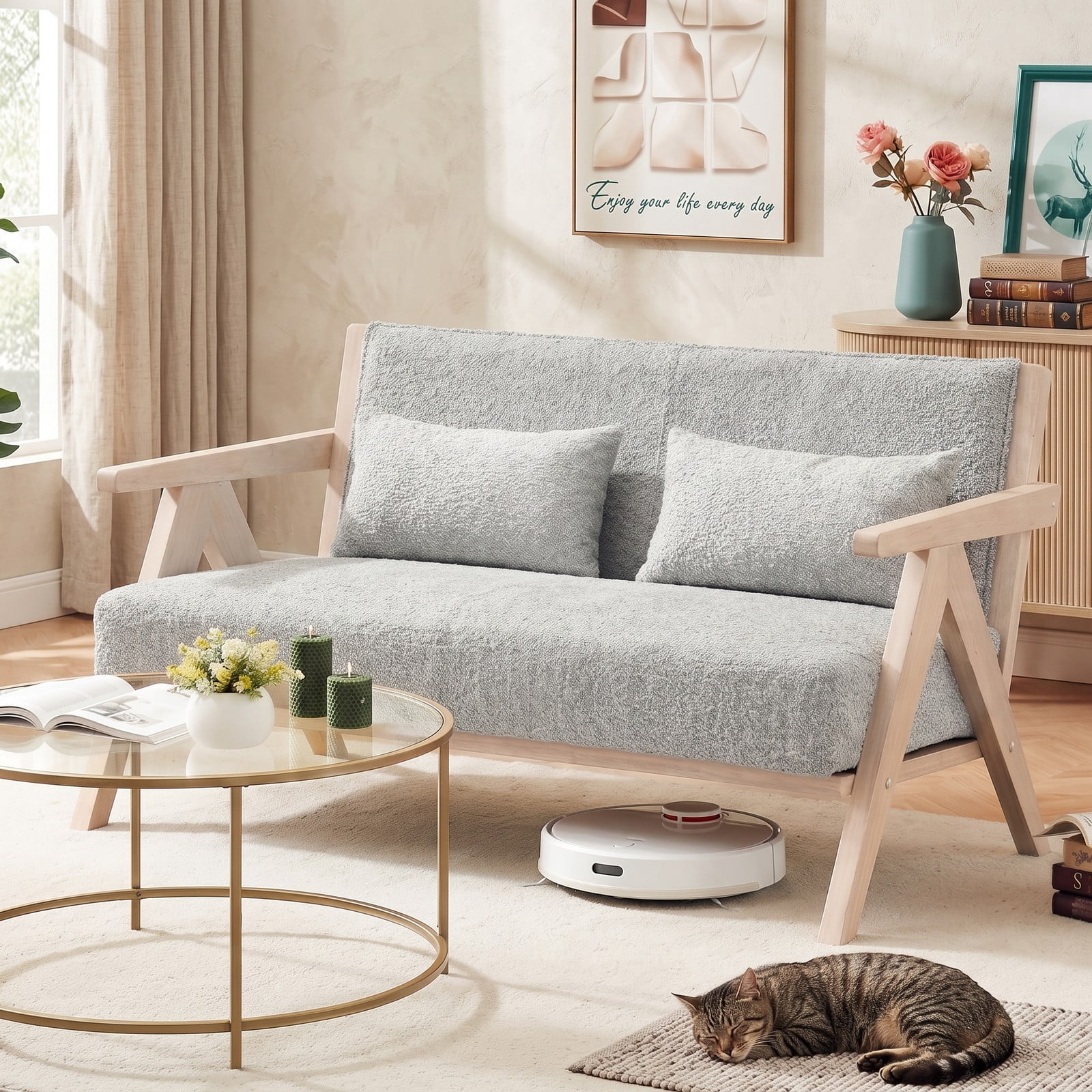 Furnibear Loveseat Sofa for Small Spaces, Modern 2-Seater Upholstered Chenille Couch with 2 Throw Pillows, Rubber Wood Frame, Pocket Spring Padded Seat for, Gray
