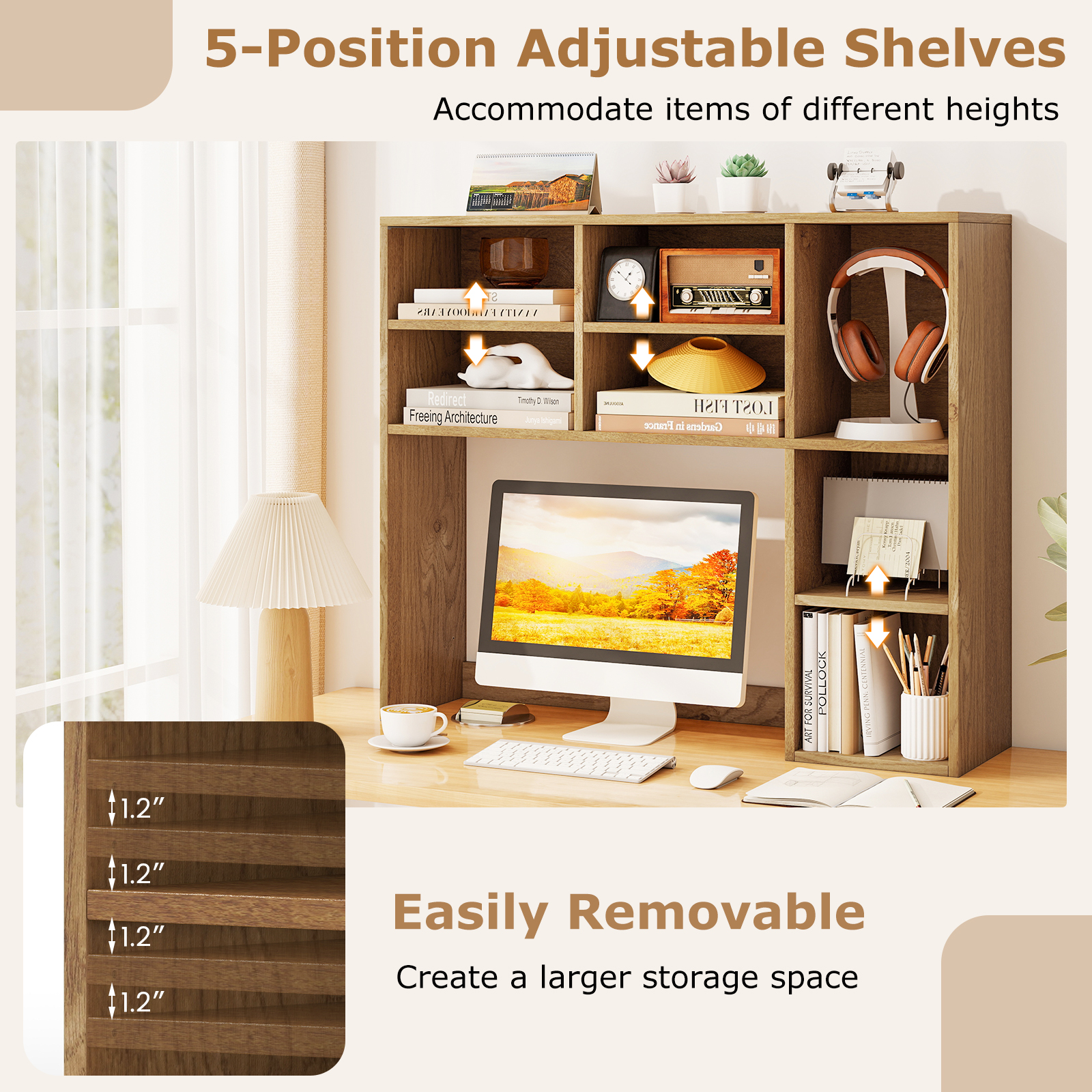 Topbuy Desktop Bookshelf 37" Countertop Storage Hutch with 7 Cubes & 3 Adjustable Shelves 3-Tier Desk Display Rack Organizer Desktop Hutch Natural