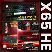 لوحة مفاتيح ATTACK SHARK X65 HE Rapid Trigger، دقة RT 0.01 مم، مفتاح مغناطيسي سلكي 8 كيلو هرتز بنسبة 60%، لوحة مفاتيح ألعاب مع كابل ملفوف 8 كيلو هرتز، تشغيل قابل للتعديل، Snap Tap، للكمبيوتر الشخصي/Mac، أسود