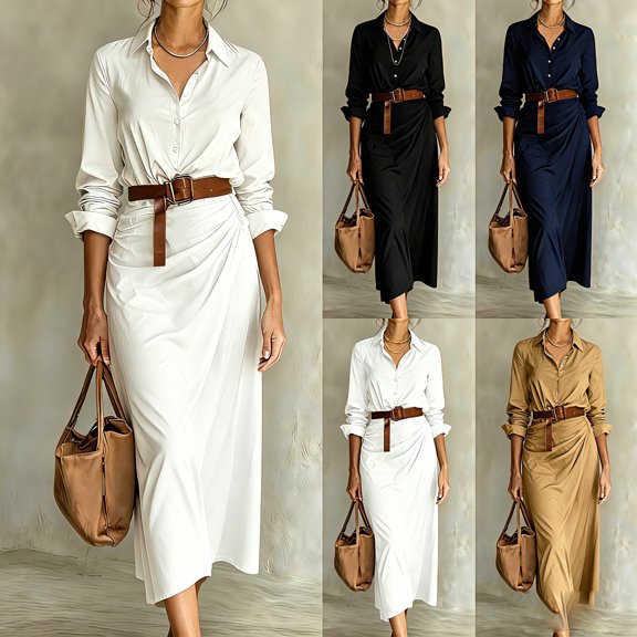 TaTaai Womens Long Sleeve Belted Dress V-Neck Lapel Solid Color Flowy Casual Party Daily Ankle Length Midi Dress Gift