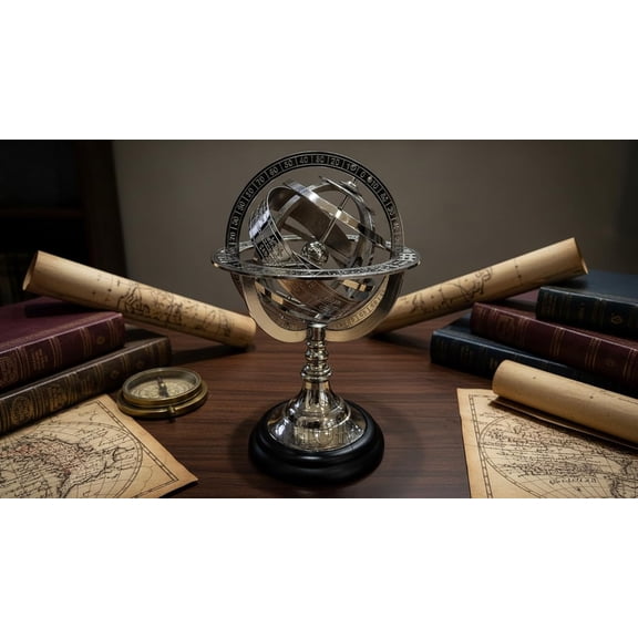 Thor Instruments Armillary Nautical Sphere World Globe, Engraved Brass Tabletop, Nautical, Silver, 8 Inch, 1 Count