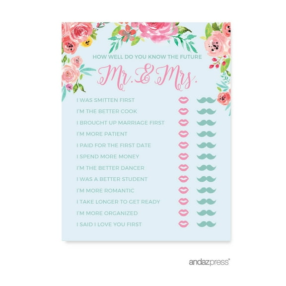 Wedding Pink Roses English Tea Party, 20-Pack How Well Do You Know the Future Mr. & Mrs., Games