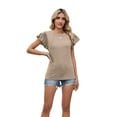 thumbnail image 3 of Women'S Casual Ruffle Short Sleeve Tops Cute Solid Color Knit Ribbed T Shirts Blouses Khaki M, 3 of 9