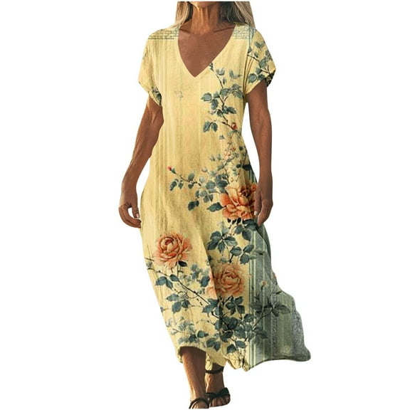 Womens Fashion Short Sleeve A-Line Dresses Party Summers Loose Fit Floral Print Dress V Neck