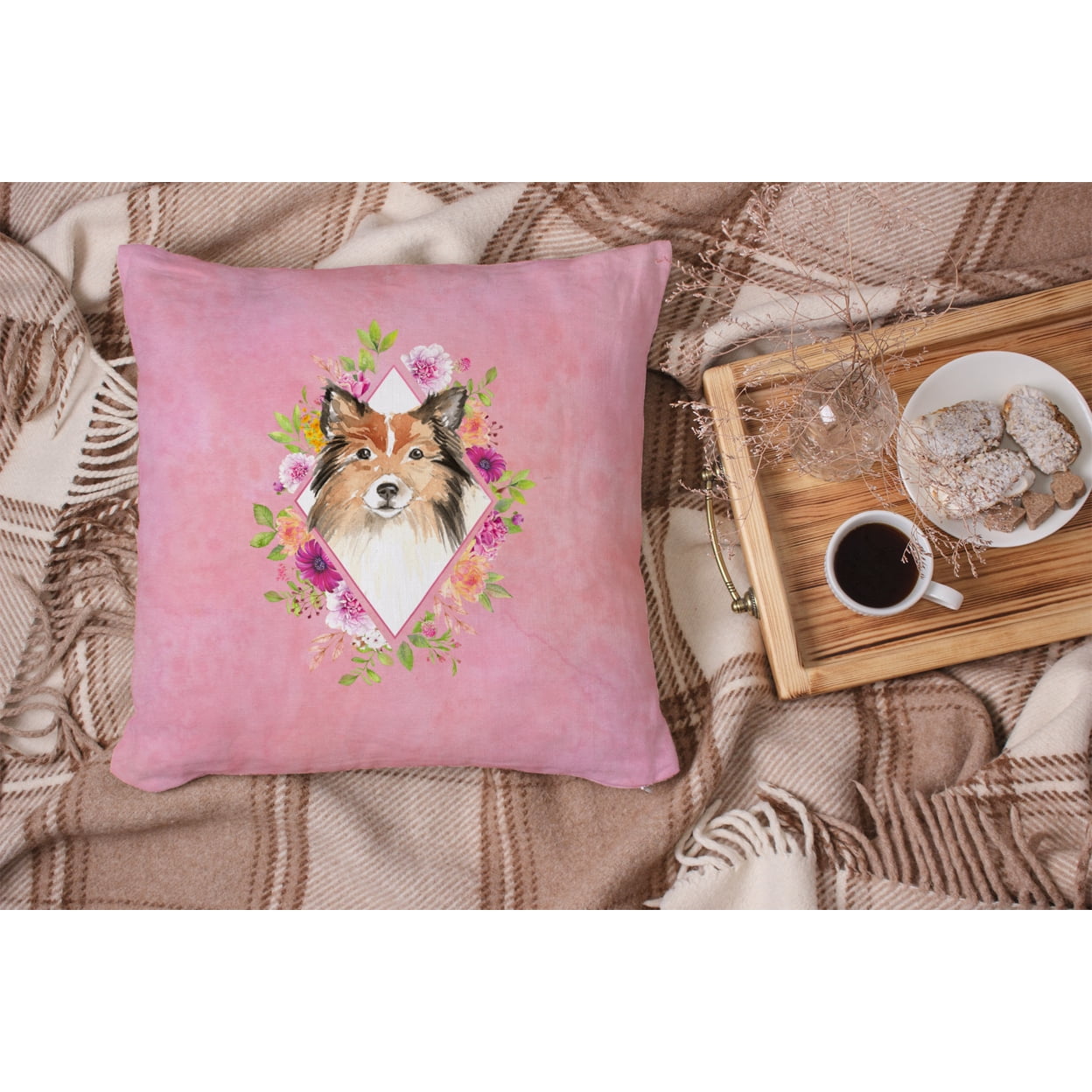 Sheltie Pink Flowers Fabric Decorative Pillow