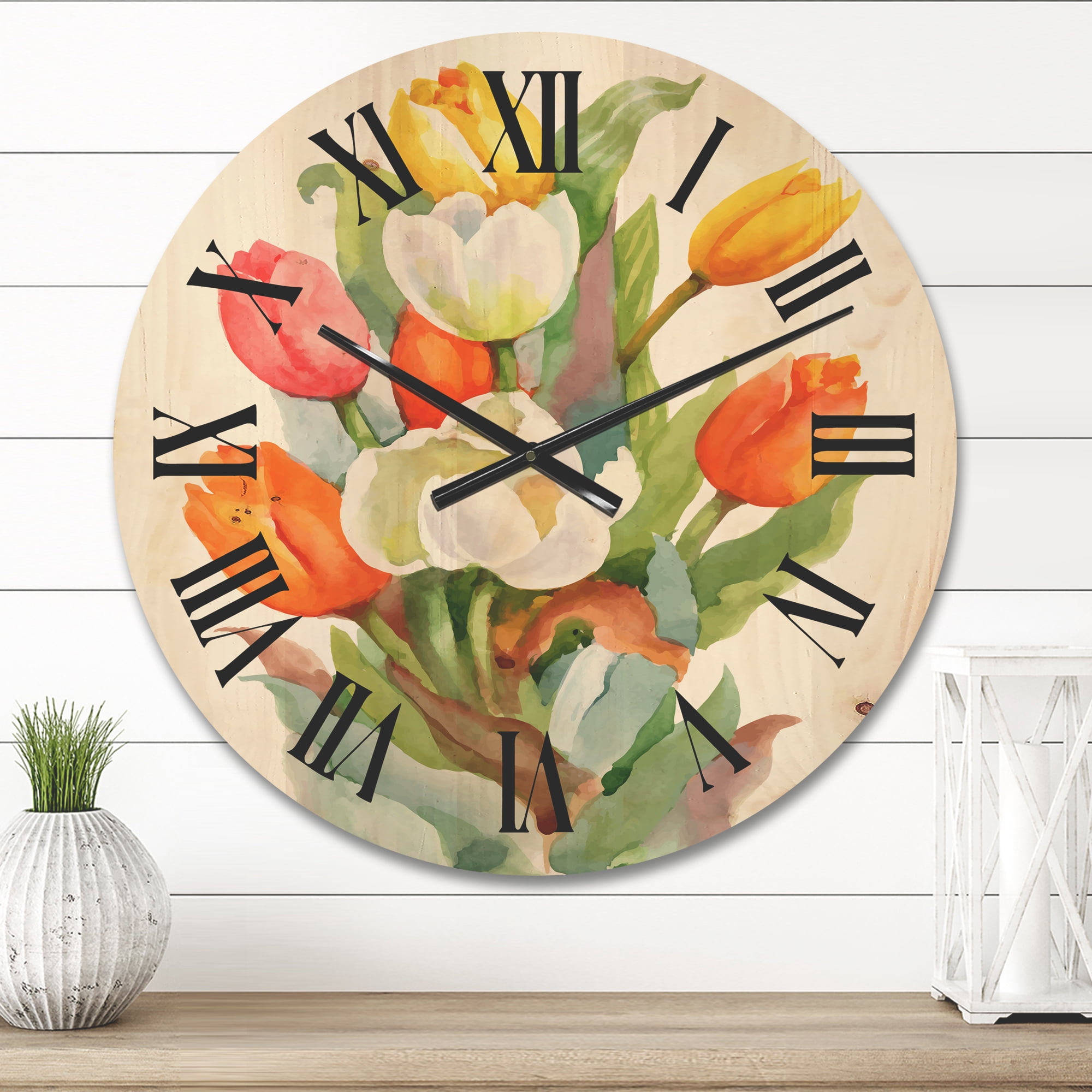 Designart 'Blooming Orange and White Tulips Flower' Traditional Wood Wall Clock