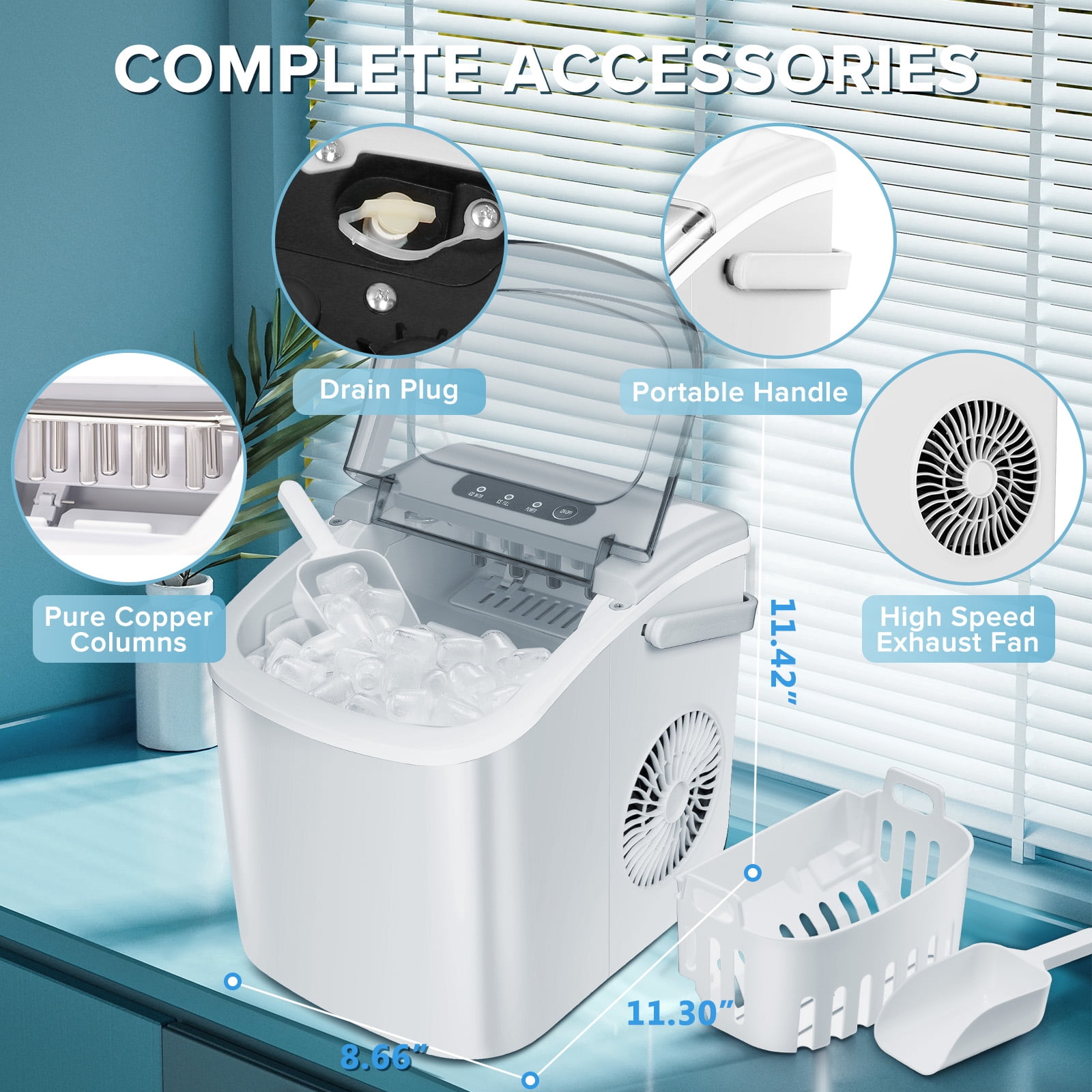 Auseo Countertop Ice Maker Machine 26lbs/24H, 6 Mins/9 Bullets of ice, Self-Cleaning, White