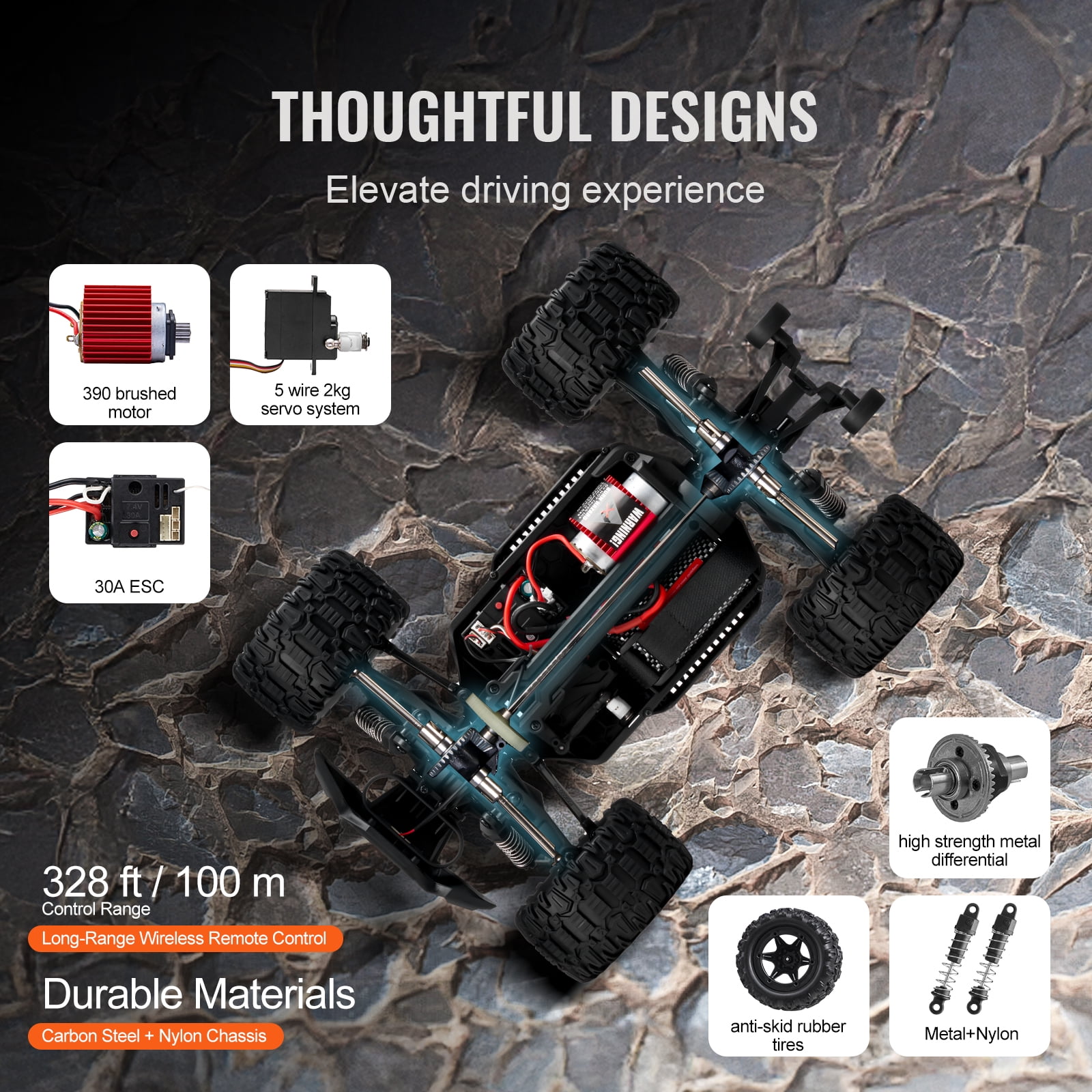 VEVOR Remote Control Car, 1:14 Scale RC Car for Kids, All Terrain 4WD Off-Road Monster Truck with 45° Wheelie & 2 Batteries, 38 km/h High Speed Hobby Racing Car - Ideal Gift for 8+ Years Kids