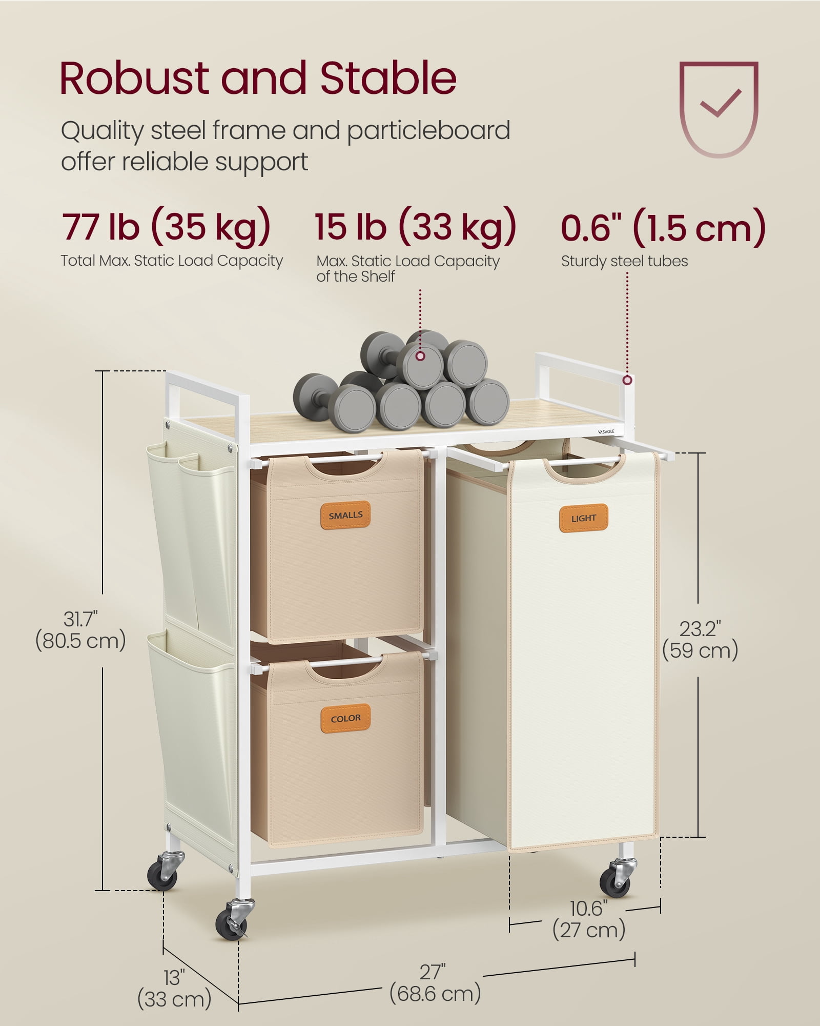 Natural Beige, Camel Brown and Cream White Laundry Hamper,26.4 Gal. (100 L) 3 - Compartment Laundry Sorter, Rolling Laundry Cart with 6 Labels