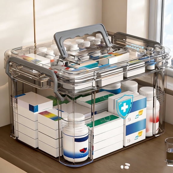 1pc Multi-Layer Clear Home Medical Storage Box, Large Capacity Portable First Aid Organizer with Compartmentalized Layers, Transparent Gray Two-Tier Medicine Box for 1-2 People