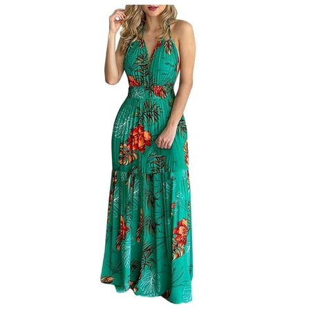 YODETEY Summer Dresses Women Tropical Print Halter Backless Maxi Dress Sleeveless Beach Dress