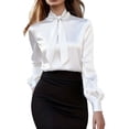 thumbnail image 2 of Women's Elegant Satin Blouse, Fall Long Sleeve Tie Neck Shirt with Two Back Buttons, Formal Office Work Top and Special Occasion Blouse for Women White S, 2 of 5