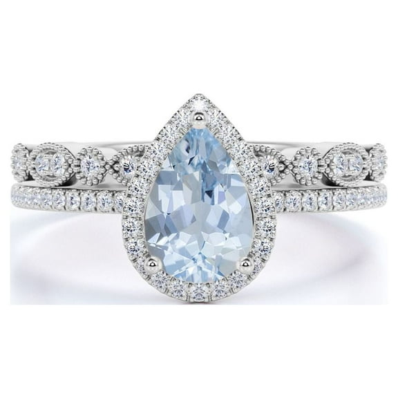 JeenMata Art Deco 1.25 Carat Pear Cut Created Aquamarine and Moissanite Wedding Ring Set in 18k White Gold over Silver