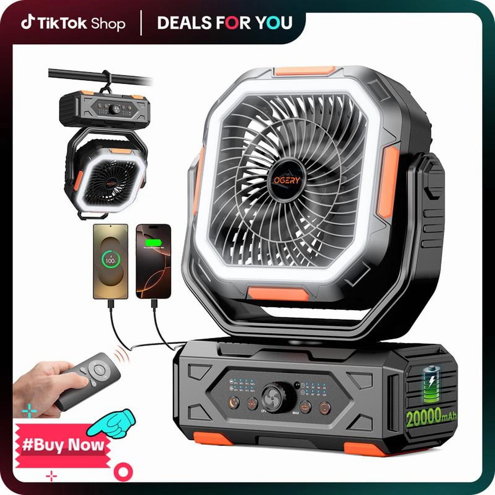 OGERY 2025 Upgraded Camping Fan, 20000mAh Rechargeable Fan with LED Lights & 270 °   Pivot, Remote Control Shaking Head Desk Fan for Tent Travel Home Multifunction Outdoor Activities
