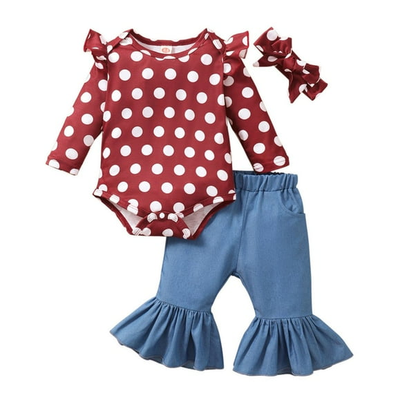 SYNPOS 3-24 Months Infant Baby Girl Outfits Toddler Polka Dots Long Sleeve Ruffle Romper Bell Bottom Pants Headband 3PCS Set