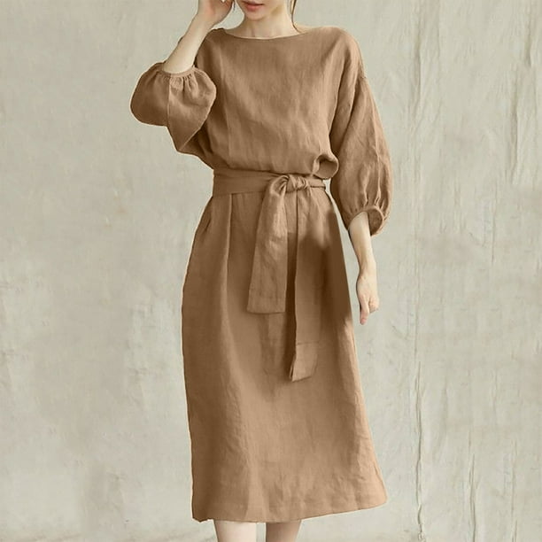 ICHUANYI Clearance Women's Fashion Round Neck Loose Short Sleeve Solid Mid-Calf Dress Long Dress(Khaki, XXL) ICHUANYI WER2023080703379