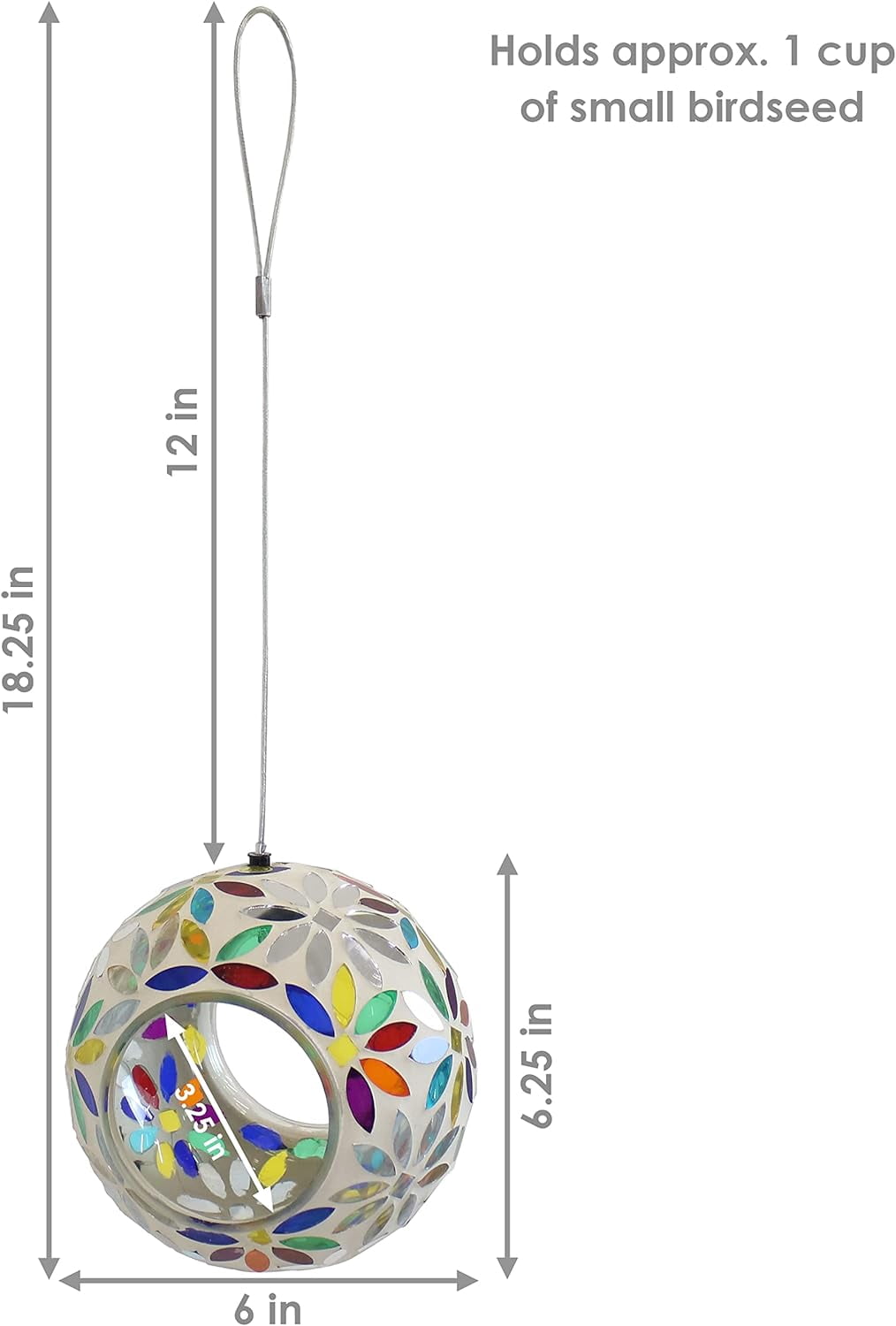 6-Inch Glass Mosaic Hanging Bird Feeder for Outdoors - Fly-Through Glass Bird Feeder for Cardinals, Jays, Finches and More - Rainbow Daisies