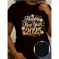 thumbnail image 1 of Women's T Shirts Summer Tops Simple Heart Graphic Shirts Sayings Short Sleeve Vacation Casual Blouse Thankful teeHappy New Year 2025" Festive Black T-Shirt - Golden Glitter Graphics, Casual Round Ne, 1 of 6