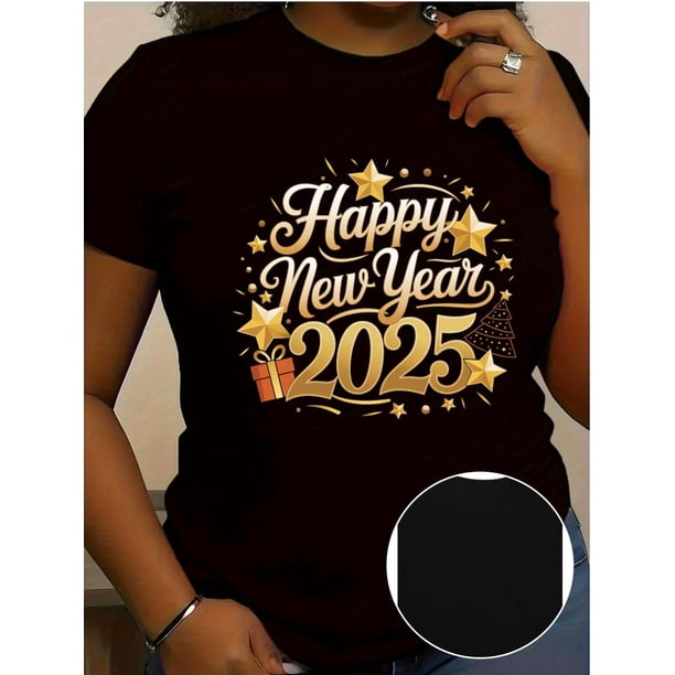Women's T Shirts Summer Tops Simple Heart Graphic Shirts Sayings Short Sleeve Vacation Casual Blouse Thankful teeHappy New Year 2025" Festive Black T-Shirt - Golden Glitter Graphics, Casual Round Ne