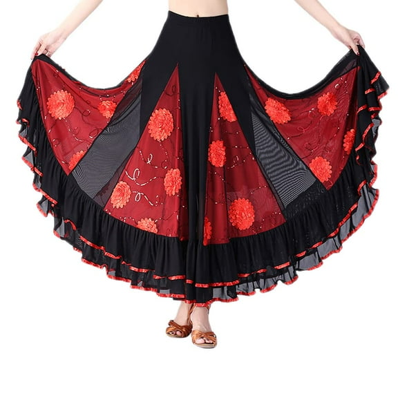 HAORUN Women Floral Embroidery Ballroom Latin Dance Skirt Swing Salsa Dancewear Practice