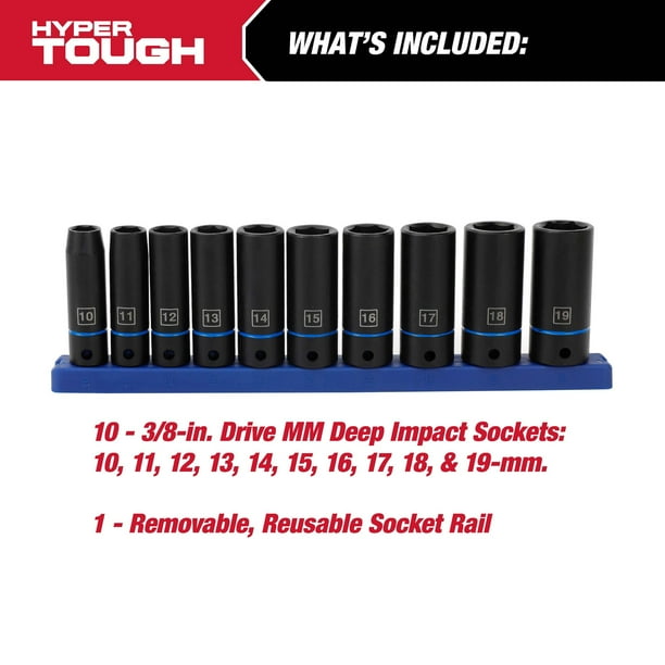 Hyper Tough 11-Piece 3/8-Inch, Deep Drive Impact Socket Set mm