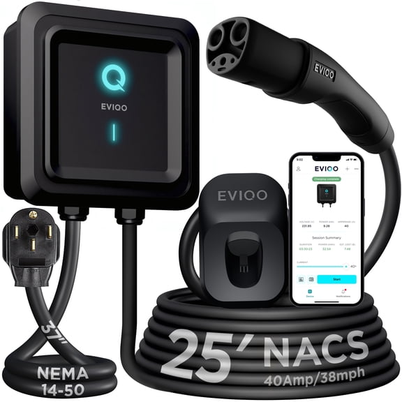 EVIQO Level 2 EV Charger Tesla - Plug-In NEMA 14-50 EVSE (NACS Connector) - 40 Amp EV Chargers for Home Level 2, 240V, 25' Charging Cable, Electric Vehicle Charging Stations with Tesla Wall Connector