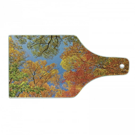 Leaves Cutting Board, Falls Colors National Country Park Nature Observation Base Perspective Photo, Tempered Glass Cutting and Serving Board, Wine Bottle Shape, Orange Blue Green, by Ambesonne