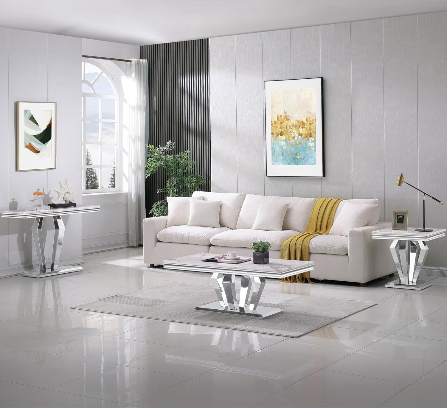 47" Modern Faux Marble Console Table, Rectangular Top & Diamond-Shaped Stainless Steel Base, Narrow Entryway Table for Entrance, Hallway, Foyer, or Living Room