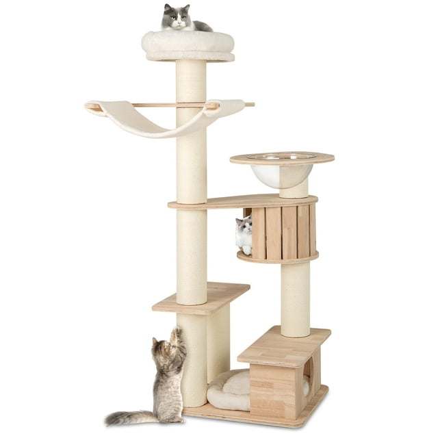 Gymax Arbre à Chat de 69 Po de Hauteur, Tour en Bois pour Chaton avec 2 Condos, Perchoir Supérieur Douillet, Capsule Spatiale