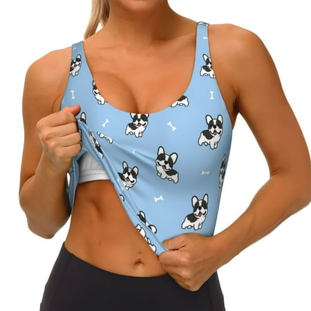 Qokaie French Bulldog Puppy Pattern Womens Scoop Neck Sports Bra Breathable Workout Vest Padded U Back Medium Impact Fitness Gym Yoga Bra Workout Crop Top