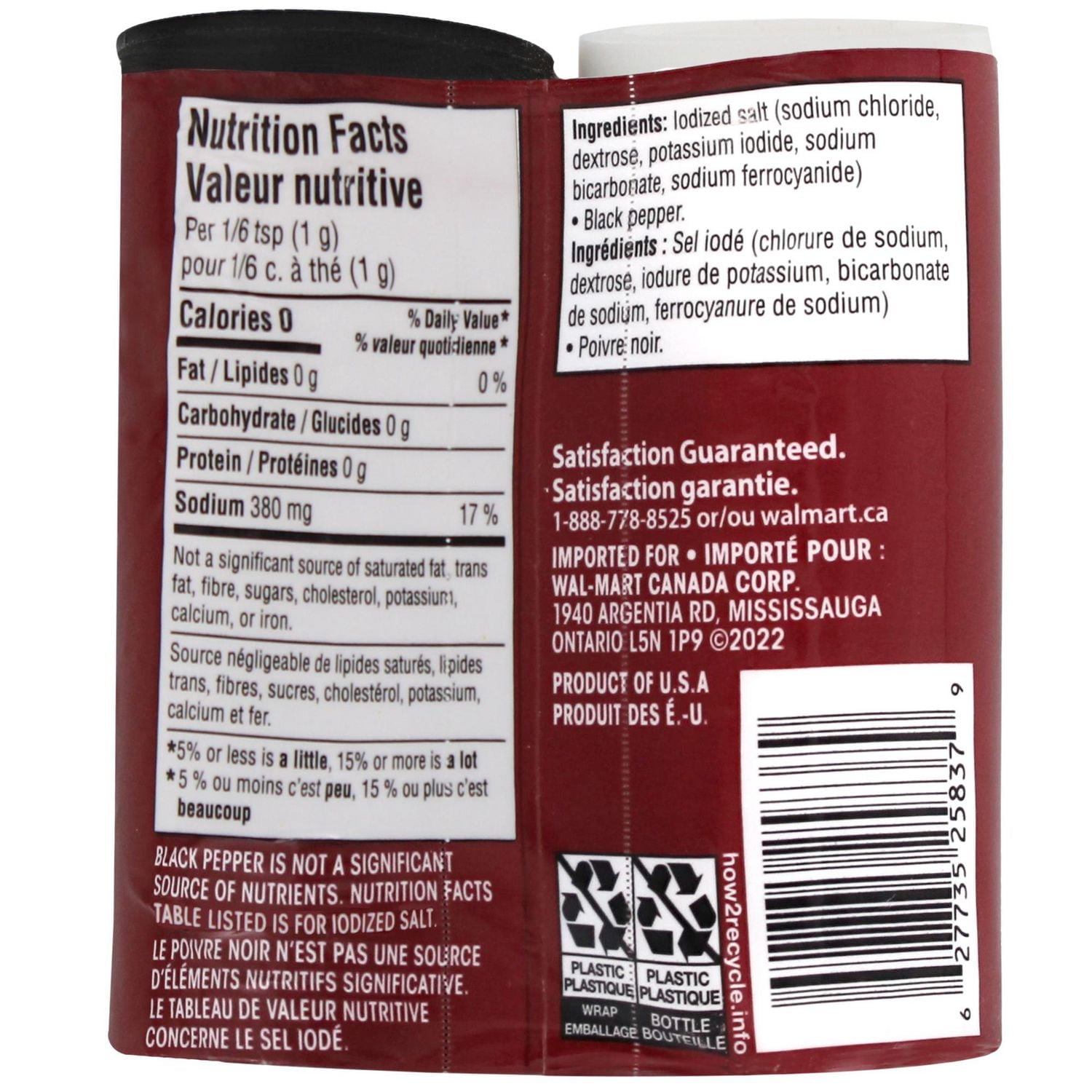 Great Value Iodized Salt and Pepper, 35 g Black pepper, 113 g Iodized salt