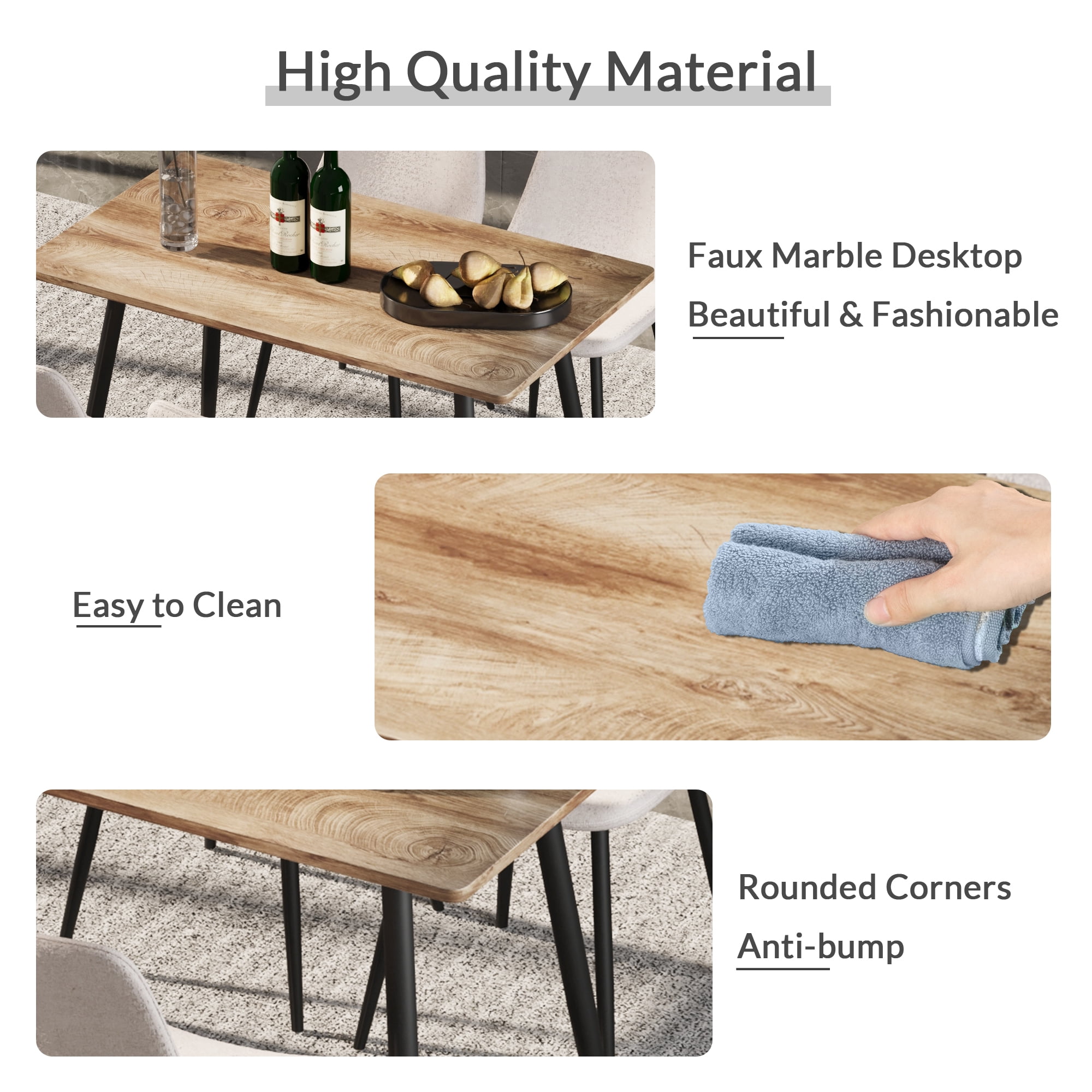 47-Inch Modern Dining Table with Wood Grain MDF Top and Black Metal Legs, Kitchen Table and Computer Desk for 4-6 People, Wood
