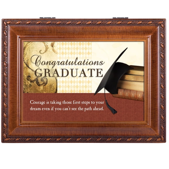 Congrats Graduate Cottage Garden Wood Grain Finish Jewelry Music Box - Plays Song Pomp and Circumstance