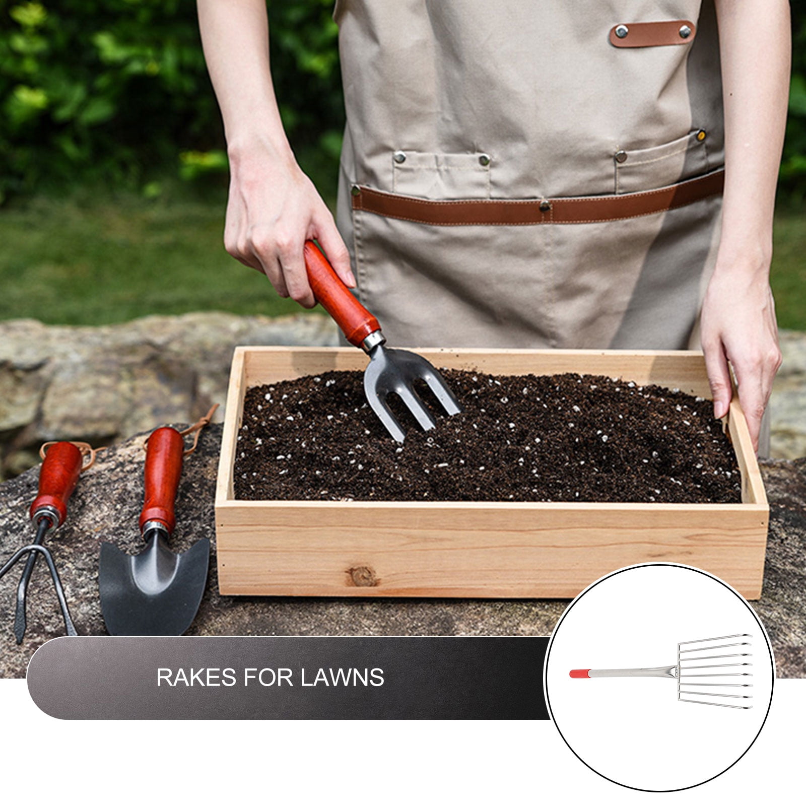 LULULION Ergonomic Hand Tool Stainless Steel Rake for Outdoor Digging and Lawn Cleaning