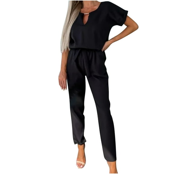 UYISJ Women's 2 Piece Outfits Deep V Neck Short Sleeve Jumpsuits Long Pant Romper Lounge Jogger Set with Pockets L