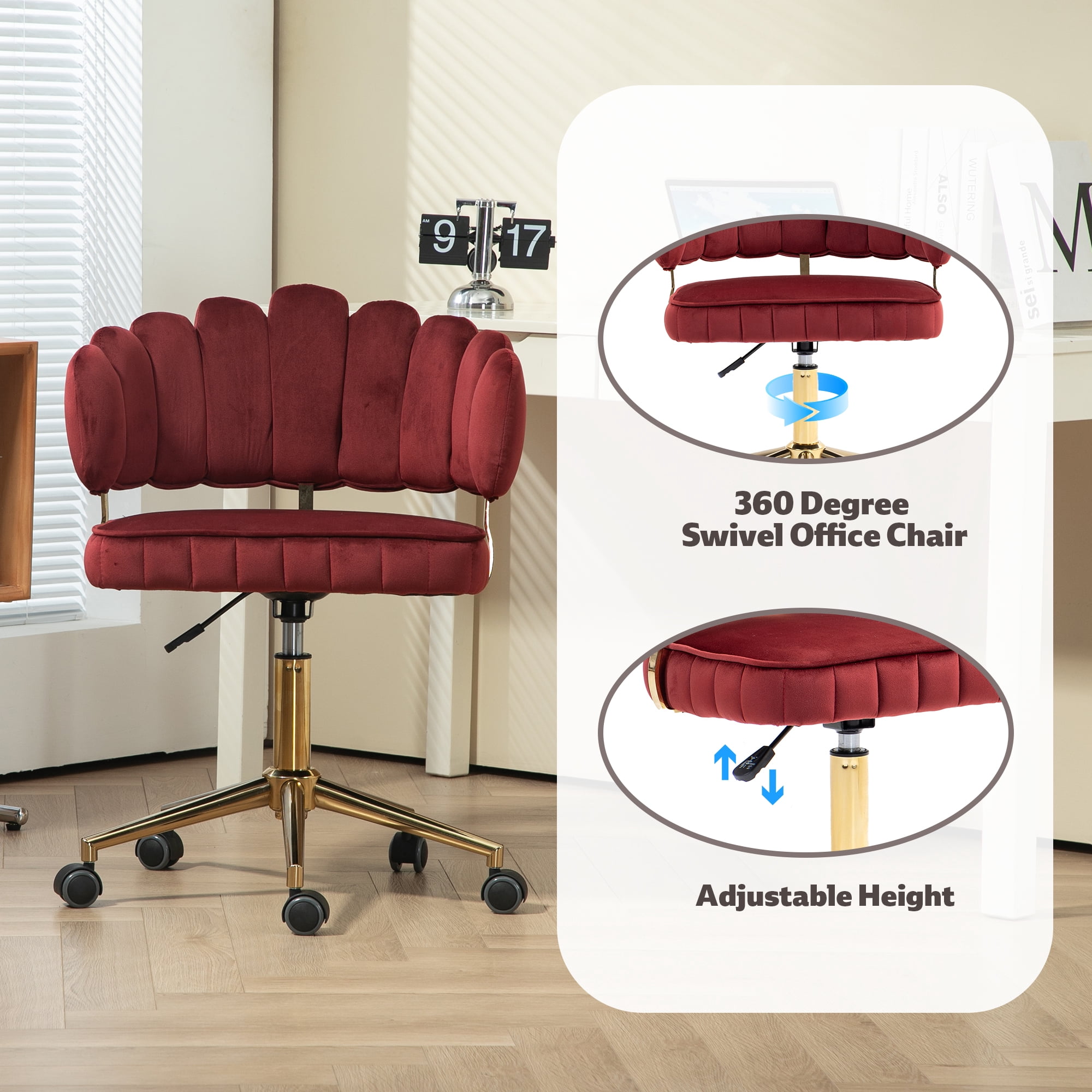 MAYEERTY Velvet Home Office Desk Chair, Modern Cute Computer Chair, Wheels Swivel Height Adjustable Swivel Task Chair for Home Office (Wine Red Velvet)