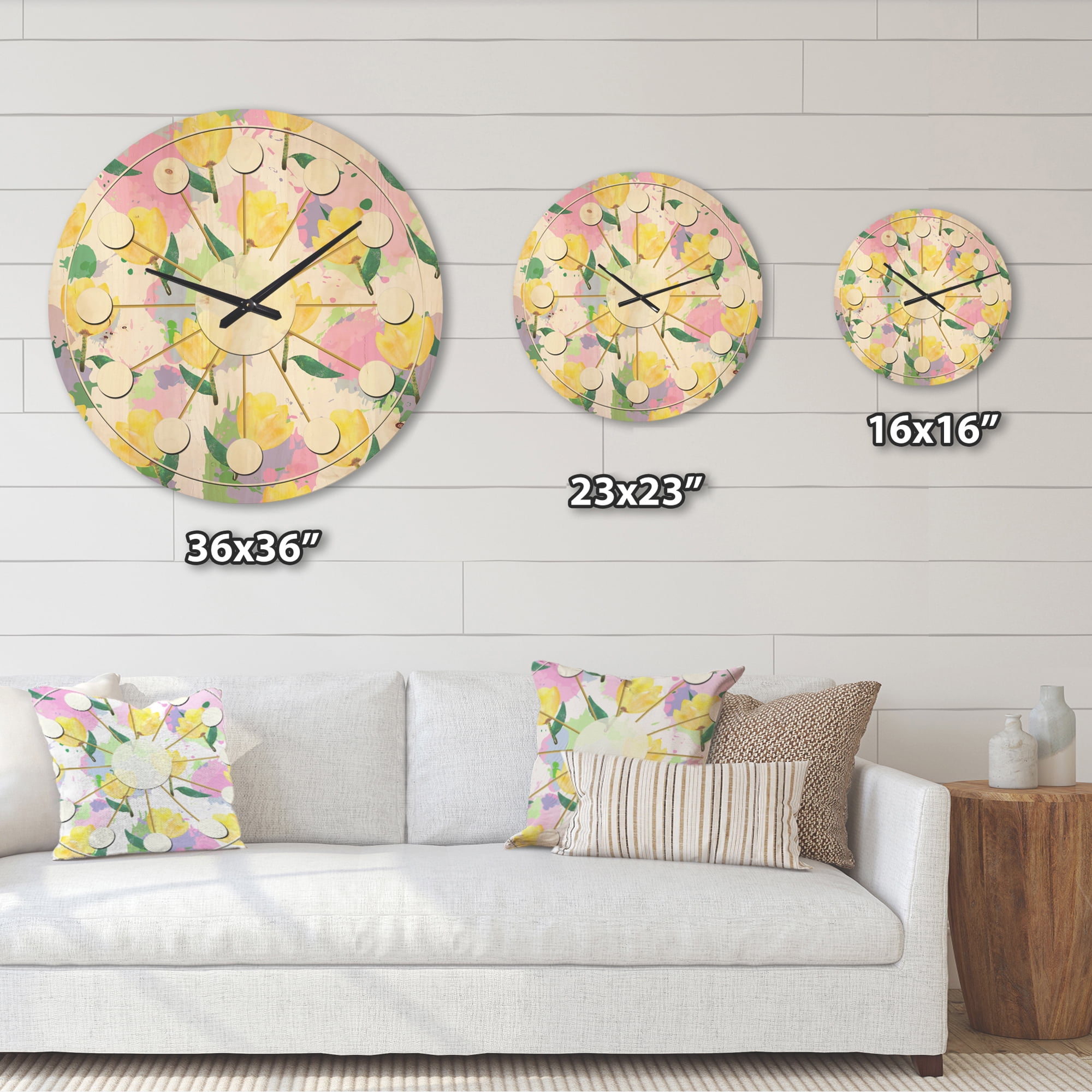 Designart 'Flowers With Floral Pattern' Mid-Century Modern Wood Wall Clock