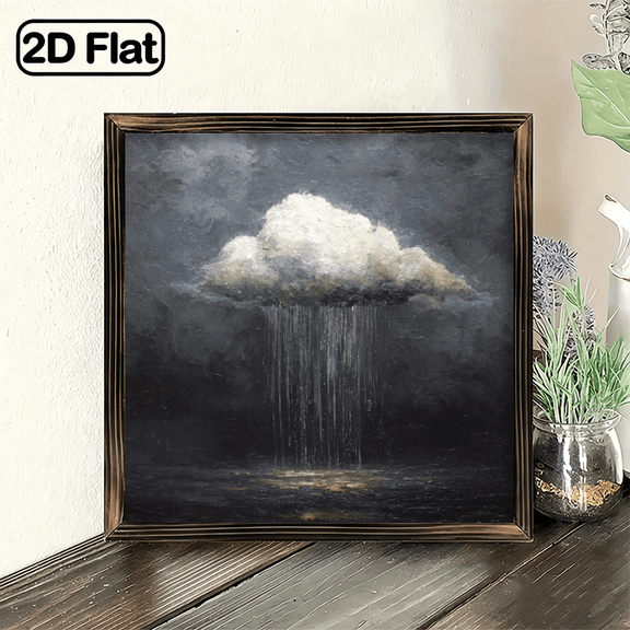 2D Flat, 1Pc Wood Frame Sign Solitary cloud brings rain, dark night water curtain, realistic oil painting style Wall Art Paintings Ideal Gift For Living Room Bedroom Corridor Wall Decor Room Dec
