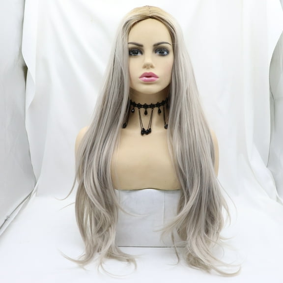Ombre Gray Synthetic Wig Middle Part Long Wavy Wigs for Women Full Machine Made Wig 24 Inches