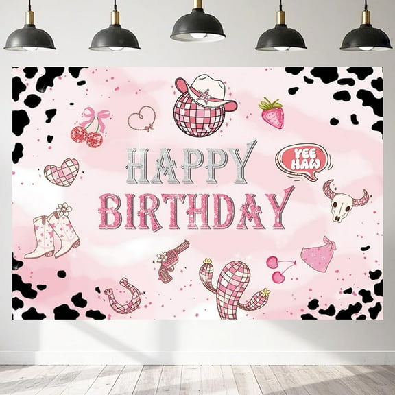 7x5FT Disco Cowgirl Birthday Party Backdrop Pink Watercolor Western Cowgirl Birthday Photography Background for Girls Cow Disco Ball Cowgirl Birthday Party Decorations Banner Photo Booth Props