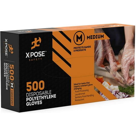 

500 Clear Disposable Poly Gloves - Medium Non Latex Non-Sterile Industrial Poly - By Xpose Safety