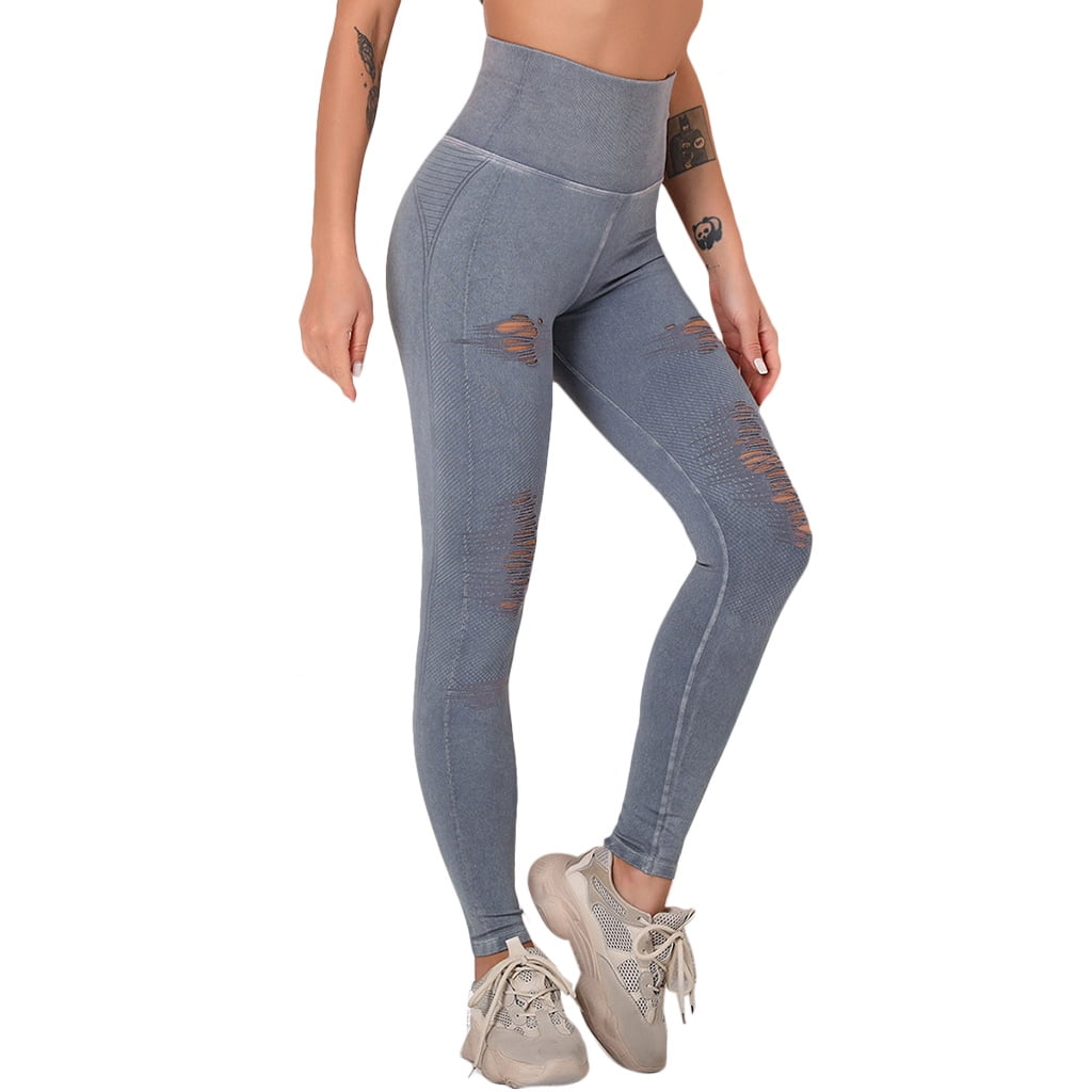 ✪ Womens High Waist Seamless Yoga Pants Vintage Washed Ripped Hole Leggings  Tights 
