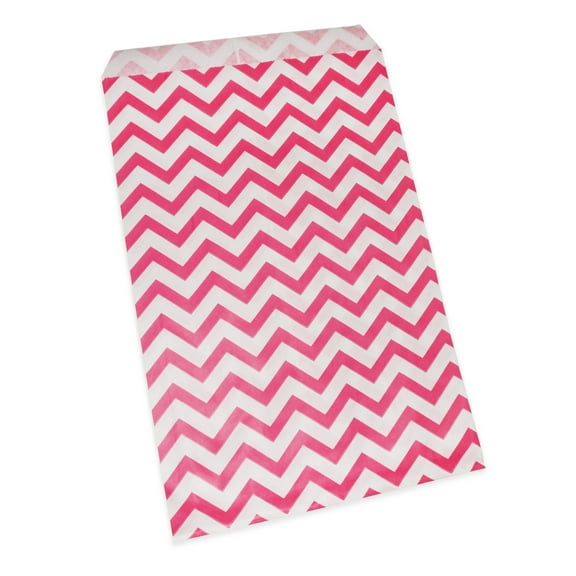200 Qty 6" x 9" Decorative Flat Paper Gift Bags - Pink Chevron Pattern on White Kraft Bags - for Sales/Treats/Parties Cookies/Gifts - N'icePackaging