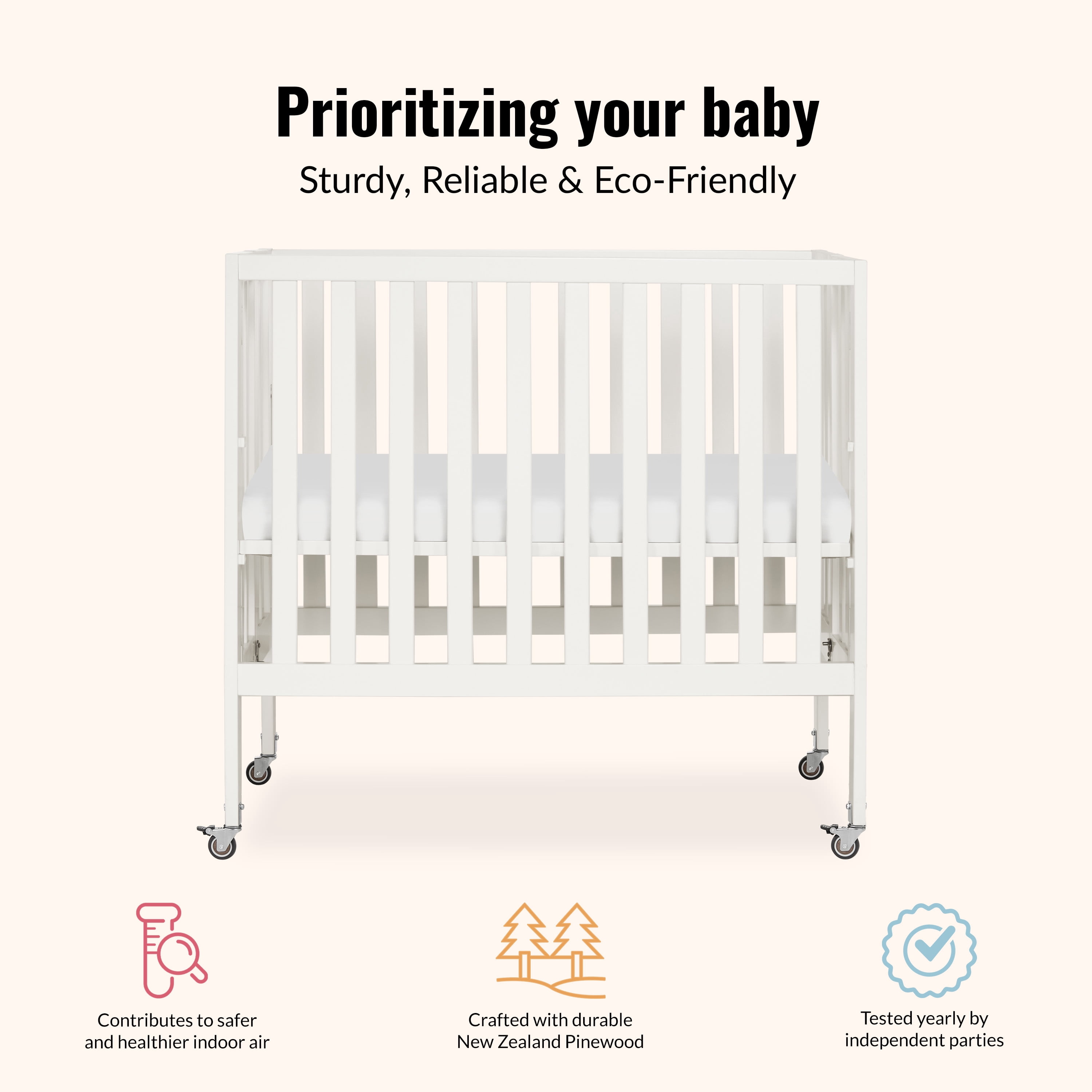 Dream On Me Jett Non-Full Size Folding Crib, Removable Wheels, Modern Nursey, Adjustable Mattress Support, Patent Folding System, Included 1.5” Mattress, Cannoli cream