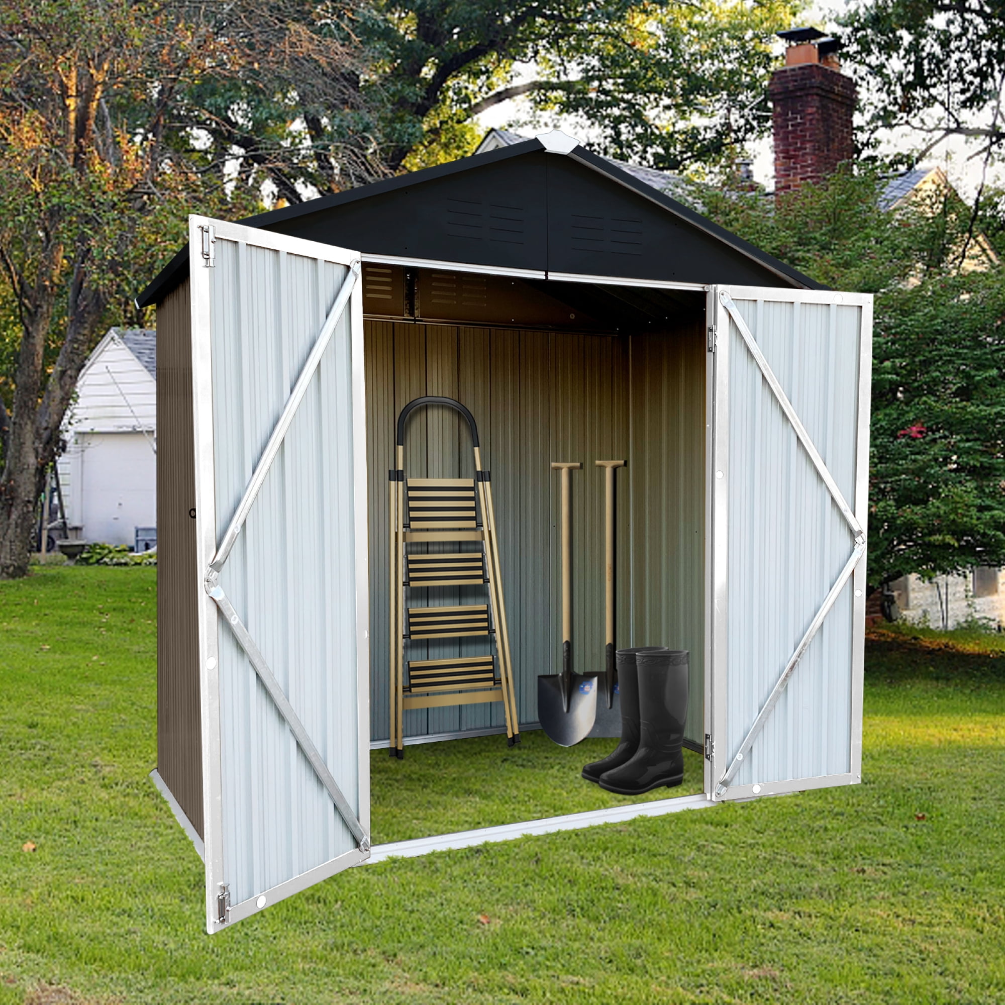 Outdoor Storage Garden Sheds 6FTx4FT Apex Roof Lockable Doors for Backyard White+Yellow
