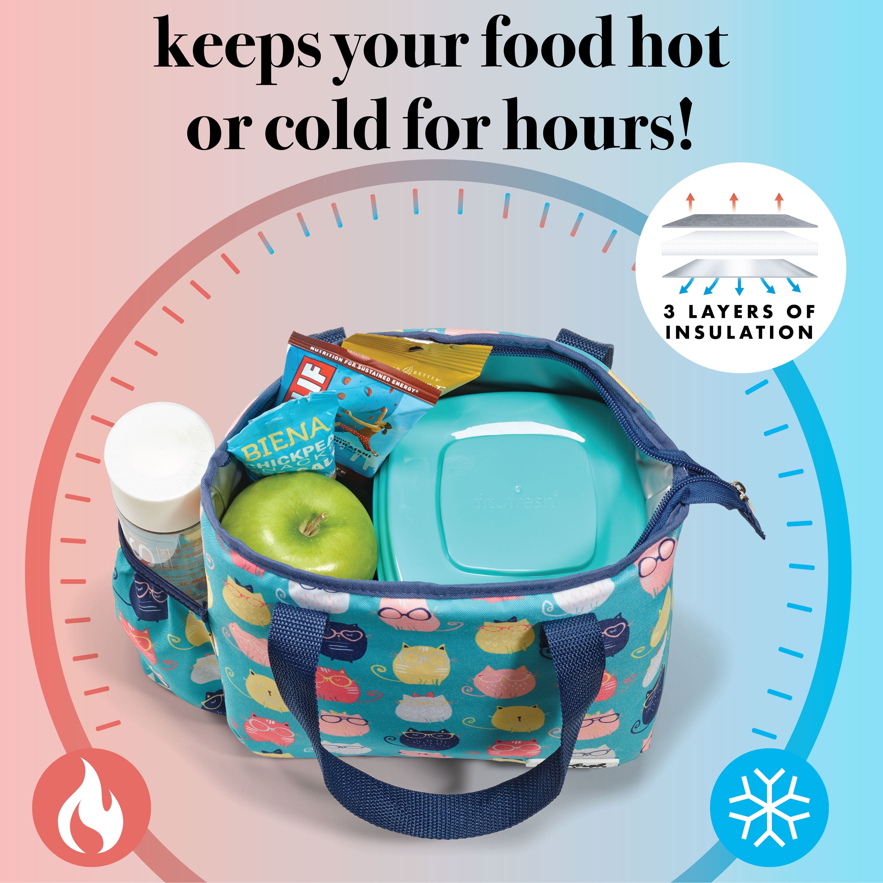 Fit + Fresh Lunch Bag for Women with Salad Container, Aqua with Multi-Color Cats
